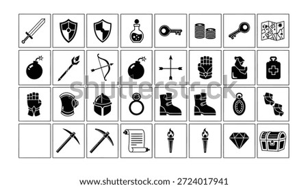 Black and white vector style RPG and fantasy game icon set illustration in neat grid.