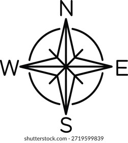 Black and white vector of a stylized compass rose featuring cardinal directions and star-like points. This minimal design represents navigation, orientation, and exploration, making it ideal for use in maps, travel branding, geography infographics, and adventure-themed graphics.