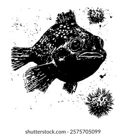 black and white vector of a stylized fish surrounded by sea urchins, combining intricate texture and bold design, ideal for marine and aquatic art projects.