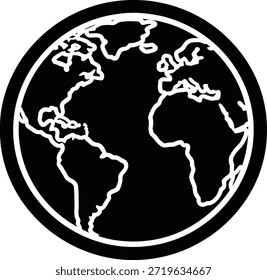 Vetor preto e branco de um globo estilizado mostrando os continentes da Europa, África e partes da Ásia. O design mínimo apresenta contornos limpos e um quadro circular, simbolizando conectividade global, geografia e consciência ambiental. Ideal para uso em marcas internacionais, materiais educacionais, campanhas de sustentabilidade e gráficos com temas de viagem.