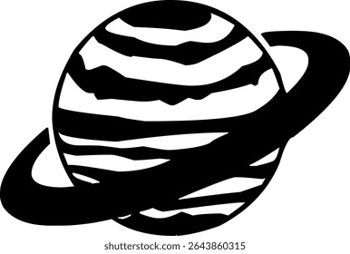 Vetor preto e branco de um planeta anelado estilizado, provavelmente Saturno, com faixas horizontais.