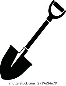 Vetor preto e branco de uma pá estilizada com uma alça em forma de D, eixo reto longo e lâmina curva pontiaguda. Este projeto mínimo representa trabalho manual, jardinagem e trabalho de construção. Ideal para uso em gráficos de paisagismo, catálogos de ferramentas, conteúdo DIY e branding com tema ao ar livre.