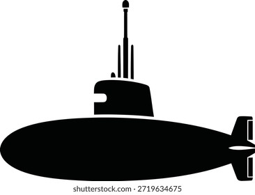 Vetor preto e branco de um submarino estilizado com um casco arredondado, torre de comando com periscópios e barbatanas de cauda estabilizadoras. Este projeto mínimo simboliza a navegação subaquática, a tecnologia naval e a exploração em águas profundas. Ideal para uso em gráficos militares, conteúdo com tema marinho, materiais educacionais e tecnologia de marca.