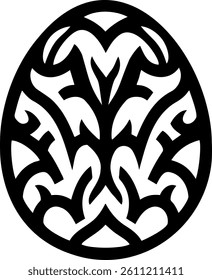 Black and white vector of a stylized, symmetrical Easter egg. Abstract, flowing design with tribal or nature hints. Bold and contemporary decorative element. Vector for decal, laser cut, card