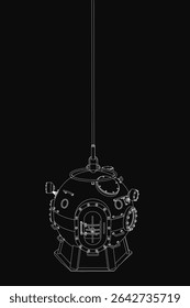 Um vetor submarino preto e branco paira de uma corda contra um fundo escuro, apresentando linhas de contorno limpas e uma forma de cápsula elegante. A ilustração minimalista tem um alto contraste nítido.