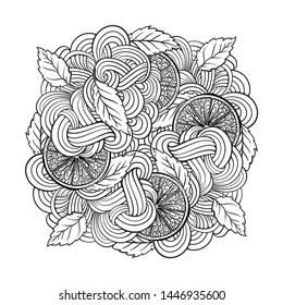Black and white vector summer background with citrus slices and mint leaves. Antistress coloring page.