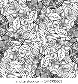 Black and white vector summer seamless with citrus slices and mint leaves.