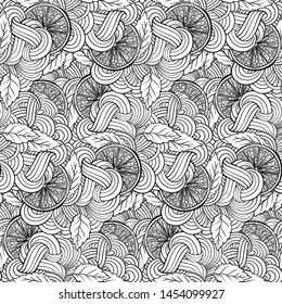 Black and white vector summer seamless with citrus slices and mint leaves.