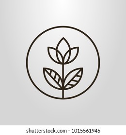 Black and white vector symbol of an line art simple flower in a round frame