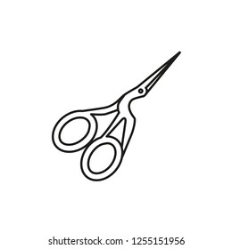 Black & white vector symbol of vintage stork scissors. Line icon of crane sewing shears. Needlework cross stitch supplies. Isolated object on white background