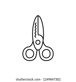 Black & white vector symbol of zigzag scissors. Line icon of decorative wave edge shears. Scrapbook handmade craft tool. Isolated object on white background