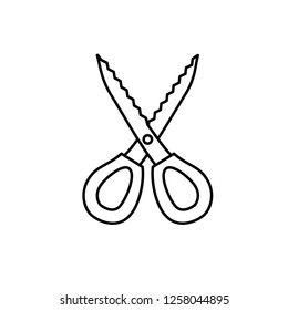 Black & white vector symbol of zigzag scissors. Line icon of decorative wave edge shears. Scrapbook handmade craft tool. Isolated object on white background