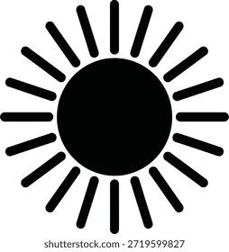 Vector en blanco y negro de un símbolo solar simétrico con un centro circular sólido y rayos largos y cortos alternados. Este diseño minimalista simboliza la luz del sol, el brillo y el día, lo que lo hace ideal para su uso en gráficos de Clima, marcas de energía, contenido estacional e íconos de interfaz.