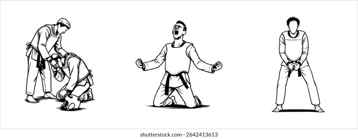 Vetor preto e branco de atletas de taekwondo expressando emoção após uma partida. Um celebra a vitória, enquanto o outro oferece respeito e conforto. Poderoso espírito esportivo e momentos emocionais.