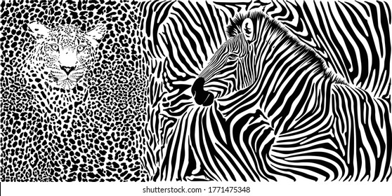 Plantilla de vector blanco y negro con un motivo de animales salvajes africanos, leopardo y cebras