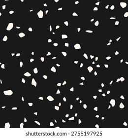 Black and white vector terrazzo flooring texture. Monochrome seamless pattern with irregular cutout shapes, stones, confetti. Simple minimal organic background. Mosaic floor surface. Repeated design