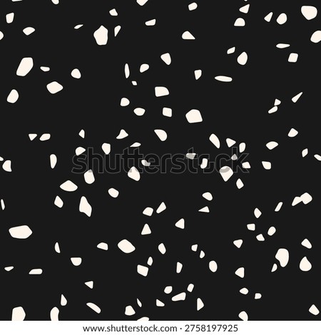 Black and white vector terrazzo flooring texture. Monochrome seamless pattern with irregular cutout shapes, stones, confetti. Simple minimal organic background. Mosaic floor surface. Repeated design