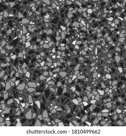 Textura vectorial en blanco y negro con imitación de baldosas de suelo de terrazo. Resumen de un patrón impecable. Fondo abstracto con formas geométricas, piezas, fragmentos de piedra. Diseño interior, superficie.