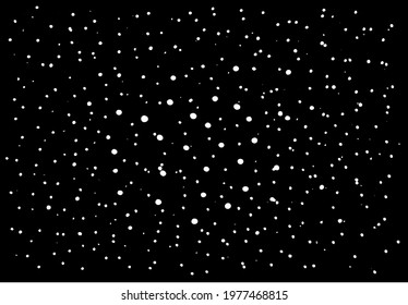 Black and white vector texture. lots of white dots, big ones in the center, small ones on the edges are placed on a black background, space dust, starry sky, explosion effects, textured design element