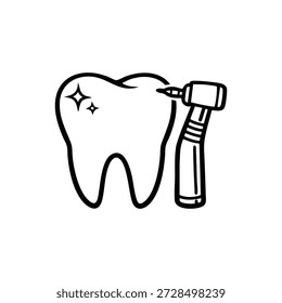 Limpieza de dientes de Vector en blanco y negro con ícono de taladro dental para odontología y cuidado oral