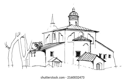 Rastreo vectorial blanco y negro de trazos a mano paisaje arquitectónico, iglesia medieval con campanario en Rusia 