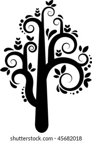 Black and white vector tree with leafs and flowers