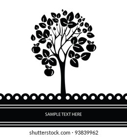 Black and white vector tree stylized with apples