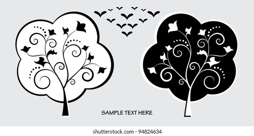 Black and white vector tree stylized with birds