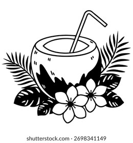Black and white vector of a tropical coconut drink with straw and flowers.Ideal for summer, beach, spa, or tropical-themed designs.