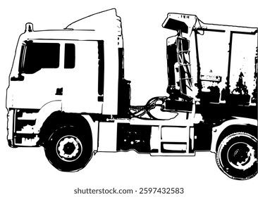 Black and white vector of a truck with tractor and cargo bed