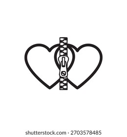 Vector blanco y negro de dos corazones con cremallera romántico icono de San Valentín para tarjetas y diseños