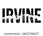 A black and white vector typographic design of the city name Irvine featuring skyline buildings and mountain silhouettes for travel and souvenir prints.