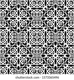 Black and white vector vintage seamless pattern. Geometric ornamental arabesque background. Elegant tribal repeat backdrop. Square greek key meanders. Floral ornament. Arabic style monochrome design.