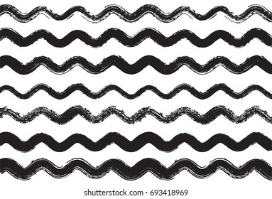 Black and white vector wavy sailor pattern. Trendy hipster textile background. Retro vintage fabric stripy design. Grey scale ink brush strokes. Funky graffiti painted pattern. Torn waves, bent lines.