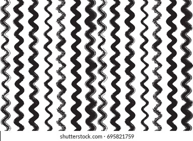 Black and white vector wavy sailor pattern. Trendy hipster textile background. Retro vintage fabric stripy design. Grey scale ink brush strokes. Funky graffiti painted pattern. Torn waves, bent lines.