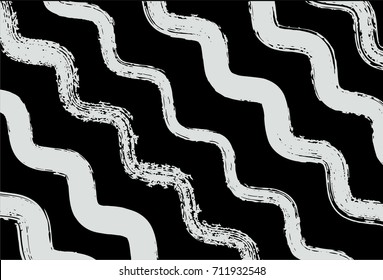 Black and white vector wavy sailor pattern. Trendy hipster textile background. Retro vintage fabric stripy design. Grey scale ink brush strokes. Funky graffiti painted pattern. Torn waves, bent lines.