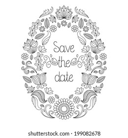 Black and white  vector wedding invitation card in floral frame and text save the date