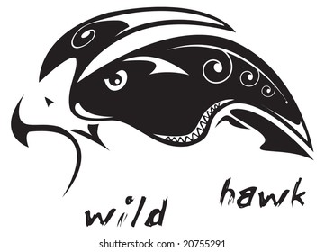 Black and white vector: wild hawk. Tribal tattoo style. Very easy to edit: all elements are separated