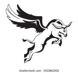 Black And White Vector Winged Bull Is Flying