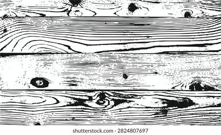 Black and white vector wood grain texture background featuring horizontal wooden planks with natural knots, cracks, and rustic timber details.