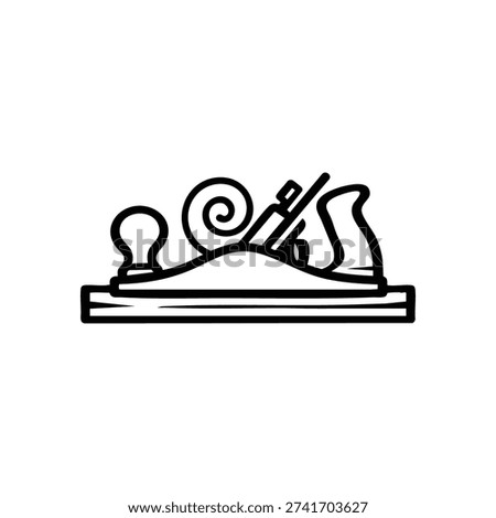 Black and white vector wood plane tool icon with shaving minimalist carpentry illustration
