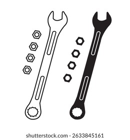Black and white vector of wrenches and hex nuts. Ideal for mechanical, industrial, or tool themed designs, infographics, and educational content.