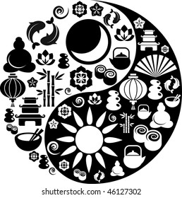 Black and white vector Yin-Yang with collection of Zen and oriental icons