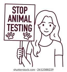 Black and white vector of a young woman holding a protest sign that says stop animal testing, representing awareness for animal rights and compassionate activism