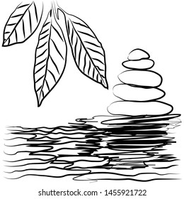 black and white vector for Zen stones pyramid on the water surface leaves over it