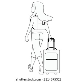 Black and white vector.Girl with a backpack and a suitcase at the airport. She arrived in a new and unfamiliar city. Surprised, serious face. Drive.