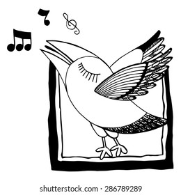 Black and white vector,singing vector funny bird singing a song with musical notes and keys isolated on white background. 