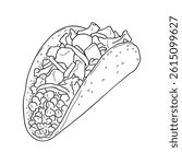 A black and white vector-style line drawing of a classic Mexican taco with detailed fillings including ground meat, shredded lettuce, and vegetables inside a soft tortilla shell. Great for food menus