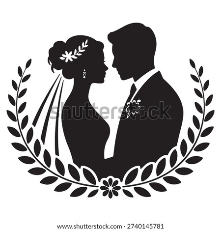 Black and white vector-style silhouette of a bride and groom facing each other, framed by a decorative laurel wreath.