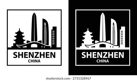Logotipo de silhueta em estilo vetorial preto e branco com o icônico horizonte de Shenzhen, China, incluindo arranha-céus modernos e arquitetura tradicional. Ideal para viagens, marcas, turismo, lembranças, cartazes e projetos de design digital ou impresso.